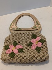 Vtg Macrame Handle Bag Handmade Olive Green Floral Boho Hippie Crochet Fun