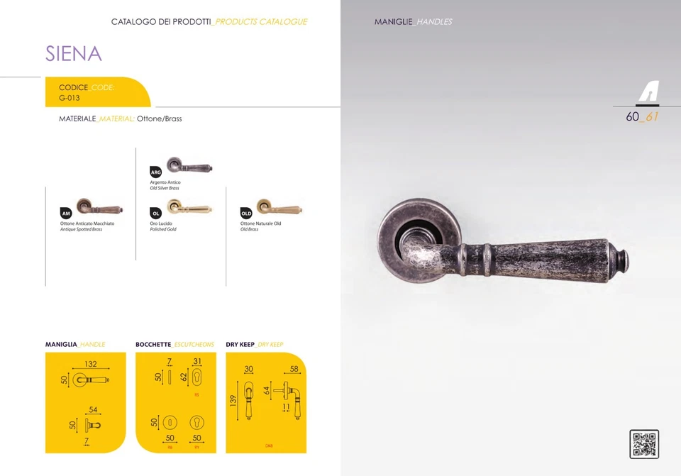 Coppia maniglie maniglia per porte interne modello SIENA ottone design classico - Immagine 2 di 2