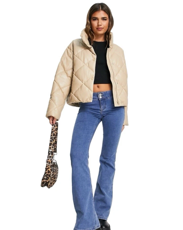 Stradivarius Faux Leather Padded Puffer Jacket Beige Women’s UK Size XS - Image 3 of 4