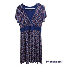 L.L. Bean Super Soft Navy Blue & Pink Stretch Short Sleeve Knit Dress V Neck Med