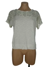 AB STUDIO Beige M MEDIUM Dolman Top Floral Lace Neck Trim