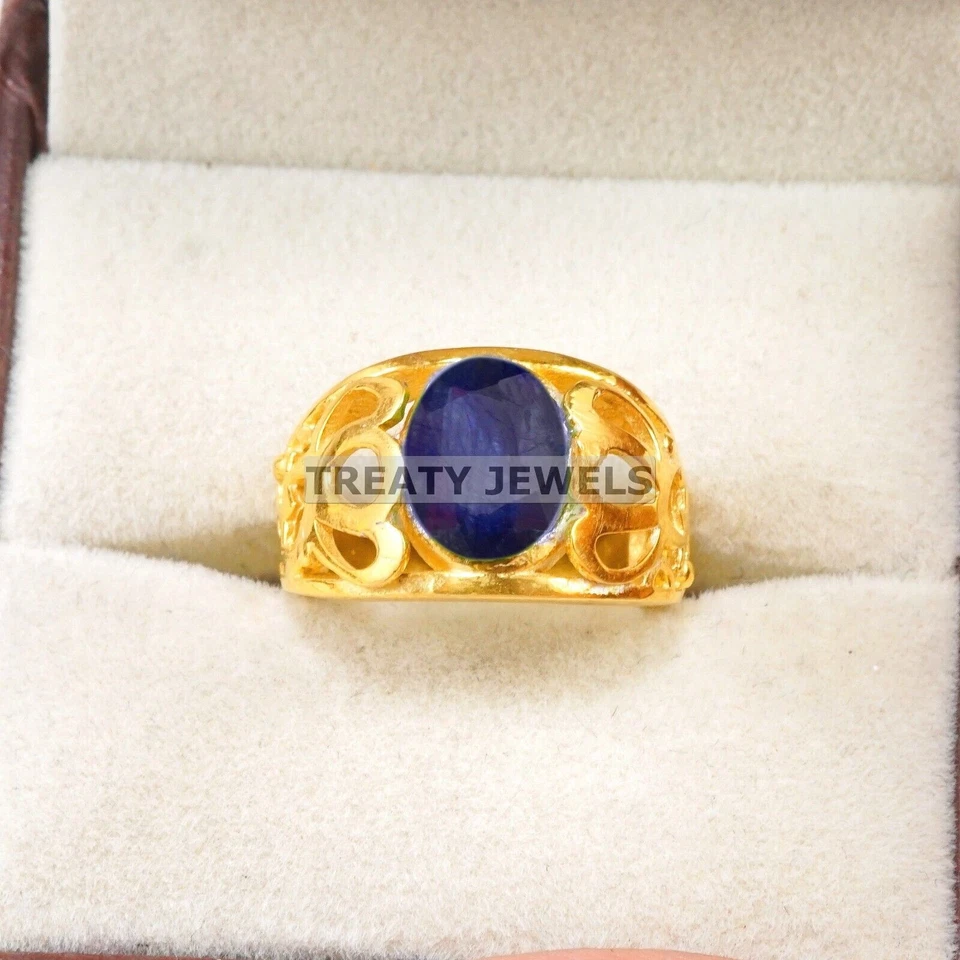 Zafiro azul corte ovalado con anillo chapado en oro de plata de ley 925 para hombre #B619 Foto 4 de 4
