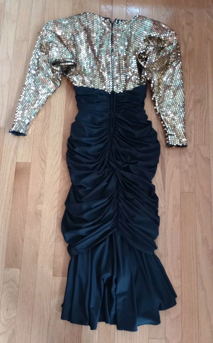 Tadashi Vintage Formal Gown Black Gold Sequin Ruched Draped Cocktail Party  Dress | eBay
