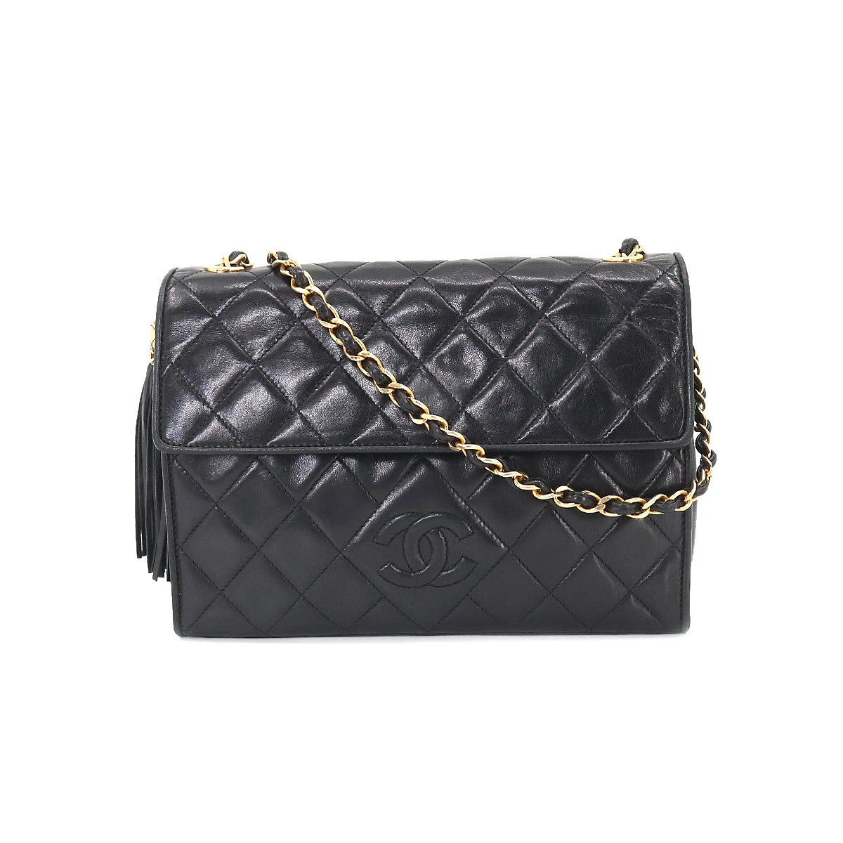 CHANEL Mini Matelasse Chain Flap Shoulder Bag Enamel Black Gold CC Auth  ar6839A