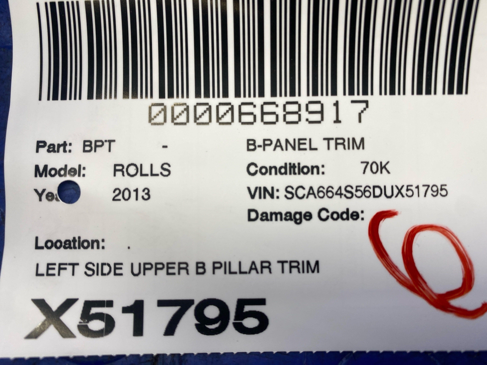 2009-2014 ROLLS ROYCE GHOST LEFT SIDE UPPER B PILLAR TRIM COVER PANEL *SCRATCHES