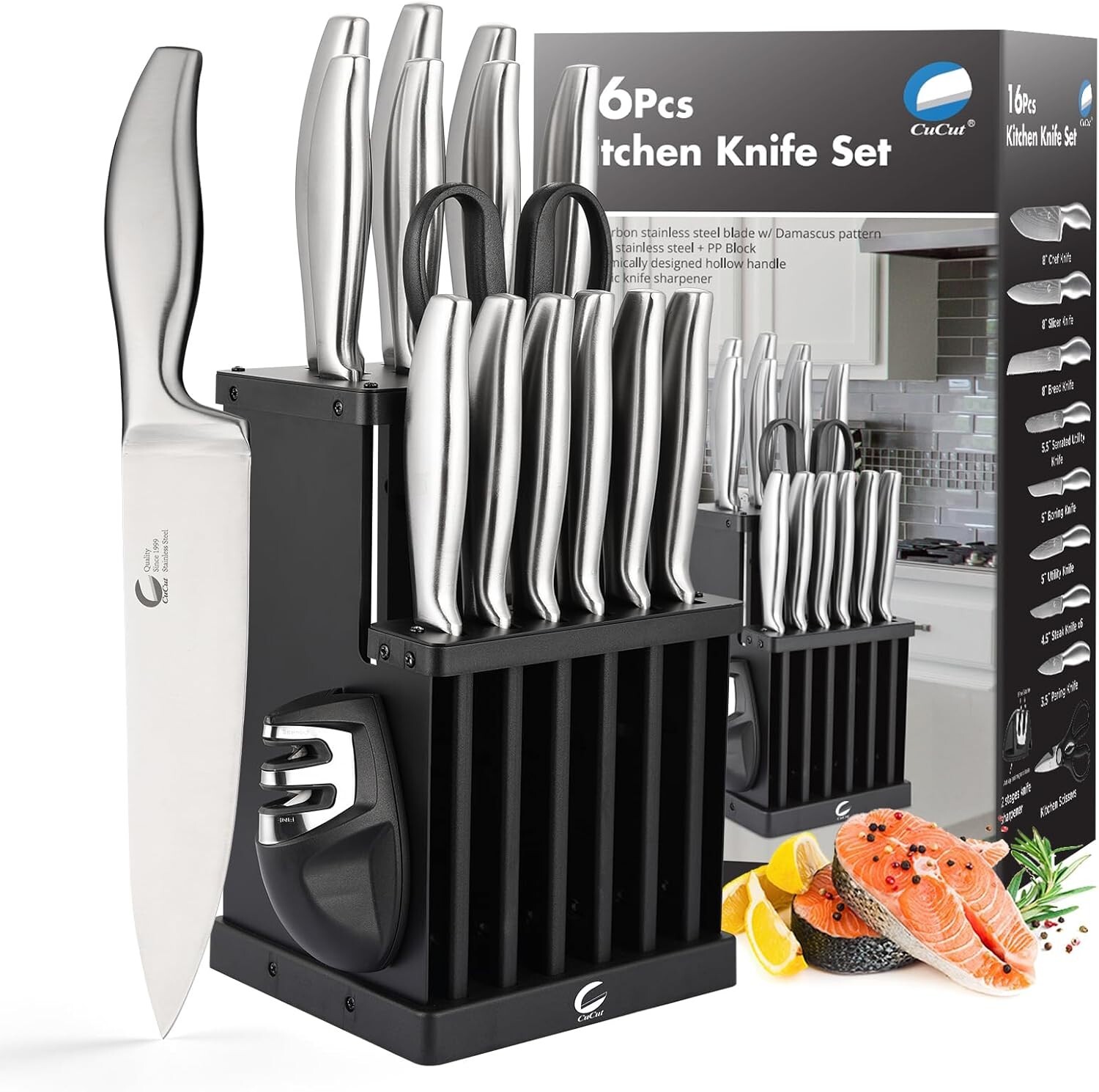 Knife Set, 15-Piece Kitchen Knife Set with Block Wooden German Stainless Steel-image
