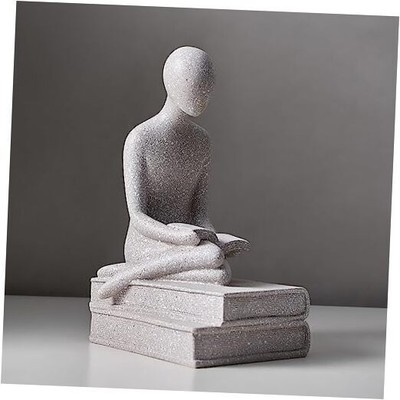 Gray Thinker Statue Decor for Shelves, Modern Reading Gray Sit on the Book