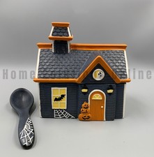 Pottery Barn Haunted House Halloween Lidded Matte Snack Bowl W/ Spoon 6" #a326