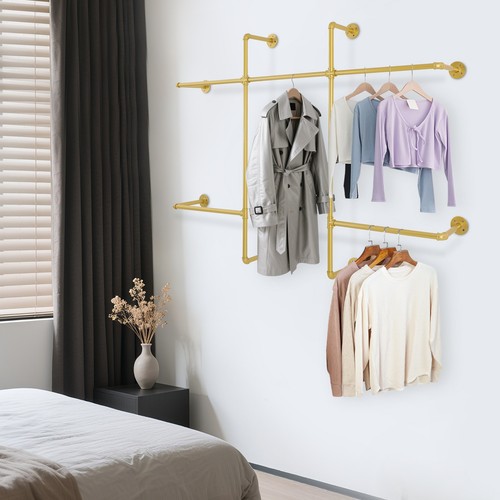 Industrial Style Clothing Display Racks Wall Mounted w/ 5 Hanging Rods ...