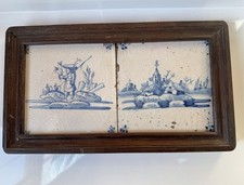Two Framed Antique Delft Dutch Tiles Blue White Shepherd Sheep Church C 18th C