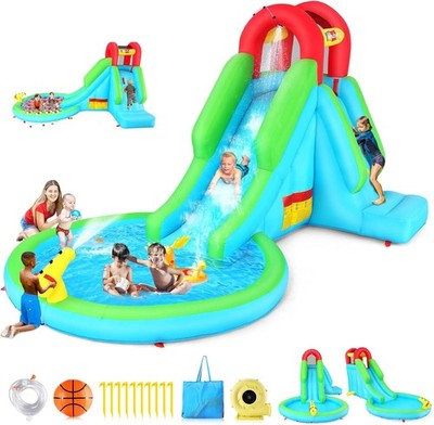 Inflatable Water Slide Bounce House w/Air Blower & Splash Pool for Kids Backyard