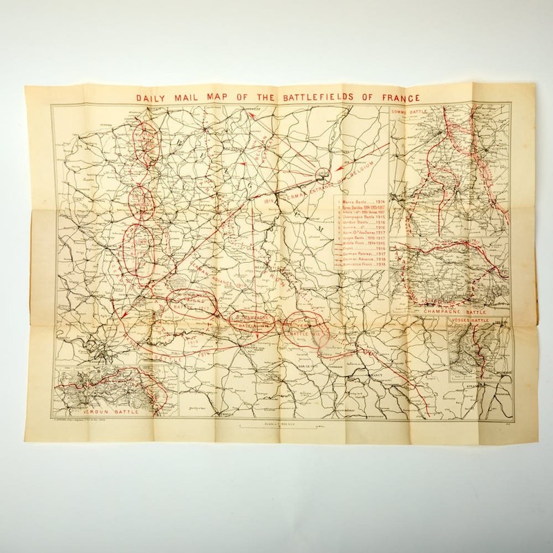 RARE! 1919 Daily Mail Map of the Battlefields of France Cartographer: Barrère,