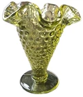 1963 Vintage Fenton Hobnail Colonial Green Trumpet Vase Ruffled Double...