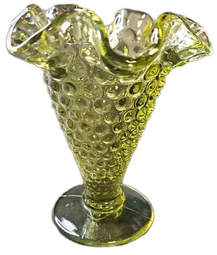 1963 Vintage Fenton Hobnail Colonial Green Trumpet Vase Ruffled Double...