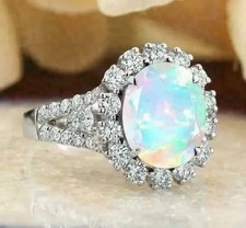 Oval Cut Simulated Fire Opal 14K White Gold Finish Women Halo Engagement Ring