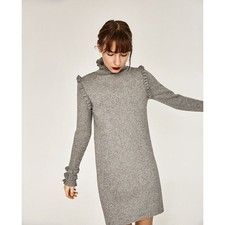 RD Style Ruffle Mock Neck Sweater Dress in Heathered Taupe | Size Small