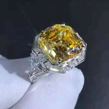 2Ct Asscher Cut Yellow Citrine Women Halo Engagement Ring 14K White Gold Finish