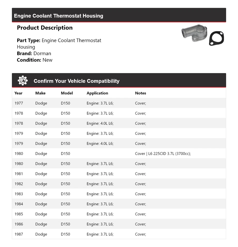 Carcasa termostato refrigerante motor Dodge D150 Dorman 1977-1987 1978 1979 1980 Foto 2 de 4