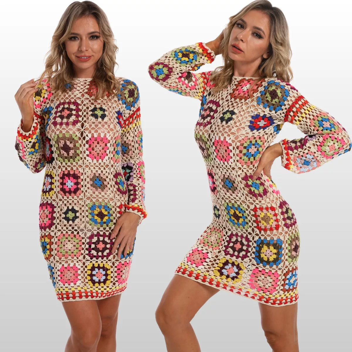 Granny Square Crochet Dress Long Sleeve Women Boho Clothing Randomly blend  color