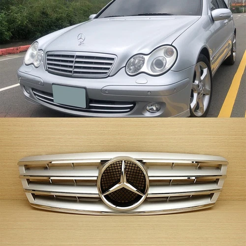 4 FINS Front Grille Silver / Chrome ABS Fit Mercedes-Benz W203 C-Class 2001-2007