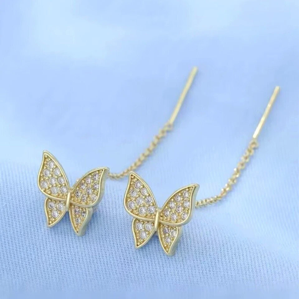 Stunning Butterfly Drop Earrings Round Simulated Diamond 14k Yellow Gold Plated - Image 3 of 4