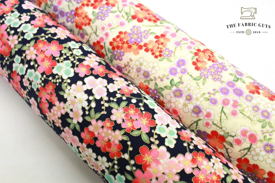 THE FABRIC GUYS Japanese Gold Foil Floral Print on 100% High Quality Cotton, 2 Colours, 150cm