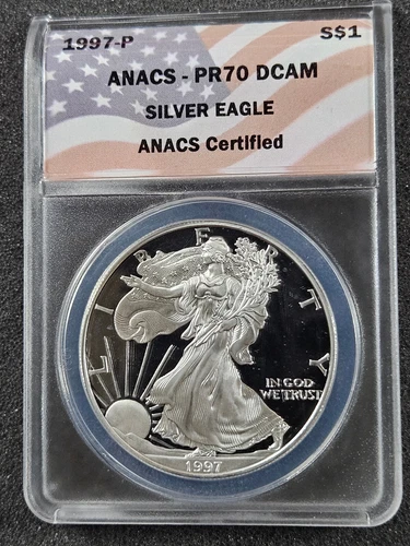 🌟 1997-P American Eagle 1 oz .999 Silver Proof Coin ANACS PR70 DCAM Flag Label