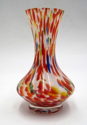 VTG Italian Murano Tulip Vase Speckled Red Orange Blue Green 5 1/2''