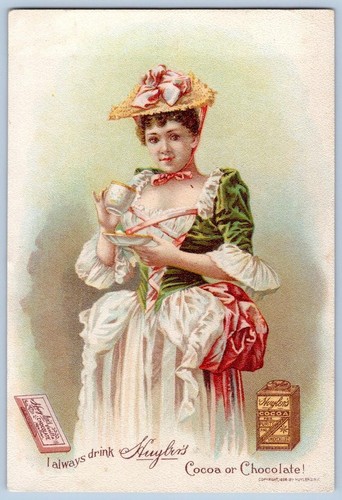 HUYLER'S CHOCOLATE CACAO ELEGANTE DAMA TAZA DE TÉ Y PLATILLO TARJETA COMERCIAL VICTORIANA 1894 - Imagen 1 de 2