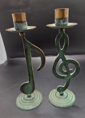 Musik Noten & Violinschlüssel Messing Kerzenständer Kerzenständer Patina Vintage