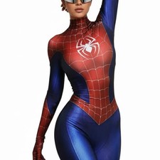 Women  s Red  Blue Printed Spider Stretch Bodysuit Full Body Fit Costume