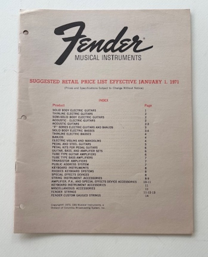 Fender musical instruments 1971 whole line price list  guitars  amps  CBS   9x11