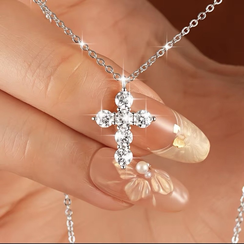 14k White Gold Filled 3.5mm Moissanite Cross Pendant Necklace (adjustable 18-20)