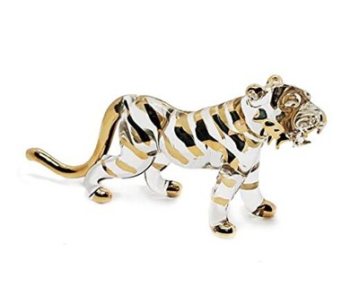  Tiny 6¼'' Long Clear Gold Standing Tiger Roaring Figurine - Miniature Hand 