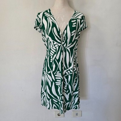 ba&sh Lady Gr. 2 L Kleid Grün Weiß Print V-Ausschnitt Midi French Boho Chic S...