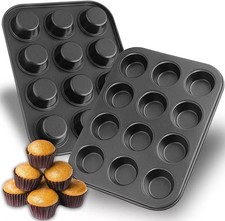 Set of 2 12 CUPS MUFFIN CAKE PAN BAKING TRAY DEEP TIN  CUPCAKE NON STICK  STEEL