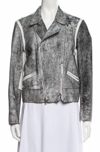 3.1 Phillip Lim Lamb Leather Moto Jacket US 6 Medium Silver Crackle Metallic Zip