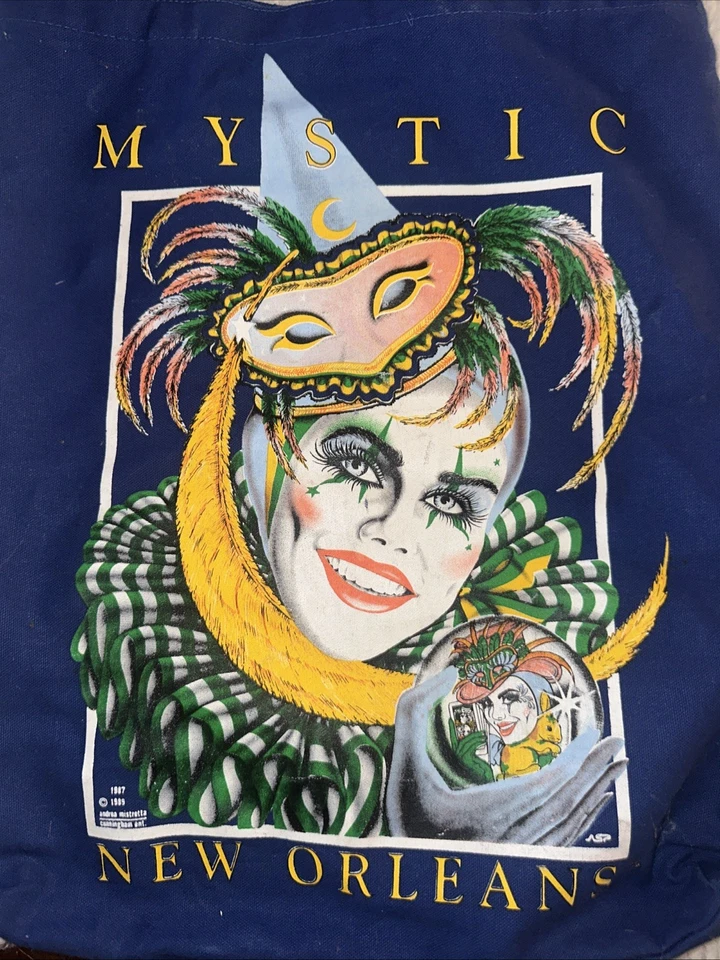 Bolsa tote vintage anos 80 New Orleans Mystic algodão azul rara - Imagem 2 de 4