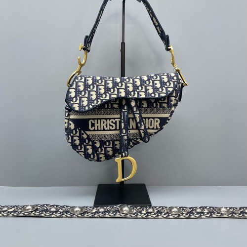 Dior Navy Blue Medium Canvas Oblique Handbag CD