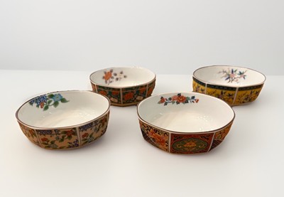 Gorgeous Set of 4 Japanese Imari Octagon Shaped Hand Painted Rice Bowls Vintage