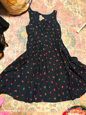 Women’s Black Sleeveless Cherry Print Fit & Flare Cotton Dress Size 10