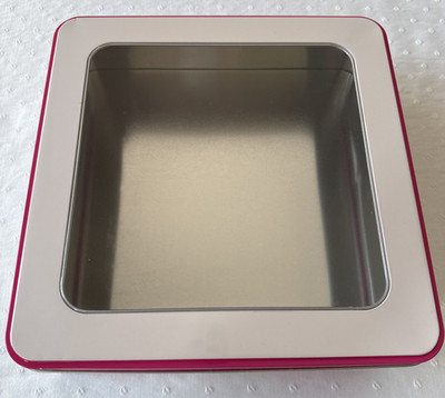 *EMPTY* Pink & White MILK 10'' Square Hinged Windowed Metal TIN BOX *EMPTY* Used