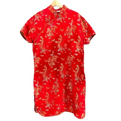 Vintage Y2K Tang Yi Red Dragon Phoenix Embroidery Frog Closure Cheongsam Dress