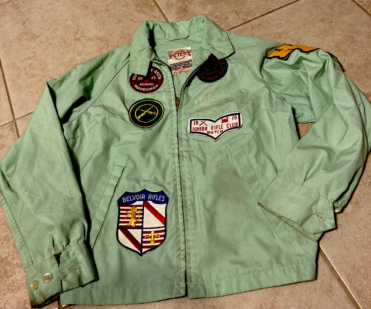 Vtg Peters All Weather Sportswear YTH Jacket W/ Rifle Baseball Patches