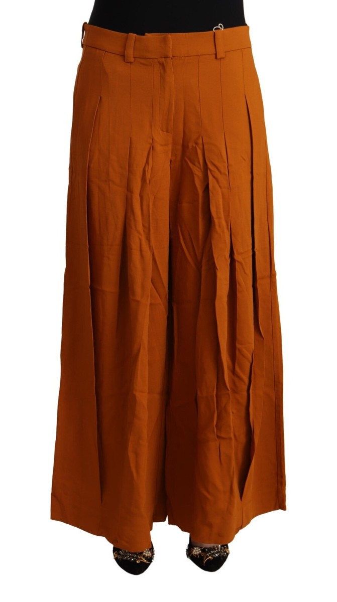 MALLONI Pants Orange Viscose Pleated Wide Leg Women Trouser IT44