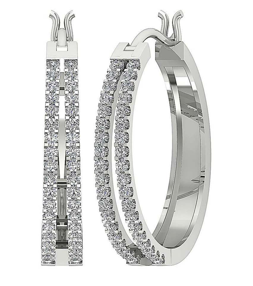 I1 G 1.10 Carat Round Cut Diamond 14K Yellow Gold 2 Row Hoops Earrings Prong Set - Image 4 of 4