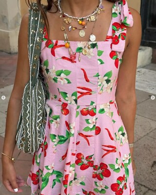 ZARA kurzes Kleid Kirschmuster Größe M 8830/167 Urlaub Blogger Favorit