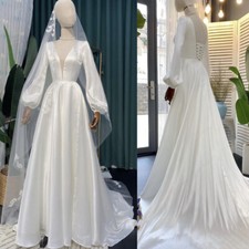 Satin Long Sleeves Wedding Dresses V-Neck A Line Lace Up Back Bridal Gowns Train