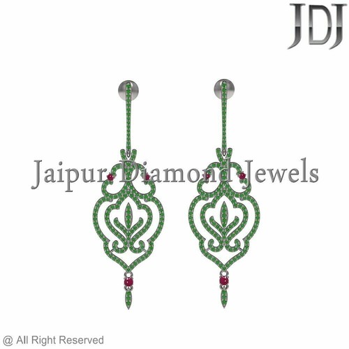 Boucles D'oreilles Pendantes En Argent 925 Avec Pierre Chromo Diopside Verte - Très Bon état, Pour Oreilles Percées