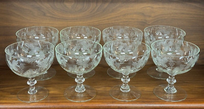 Set of (8) Etched Bird & Leaf Footed Dessert Sherbet Bowls Glasses by Arcadia